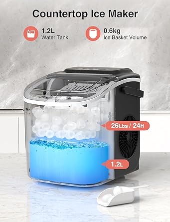 Ice Maker Countertop, Portable Self-Cleaning Ice Maker Machine with Handle, Scoop and Basket, 9 Bullet Ice Cubes in 6 Mins,
