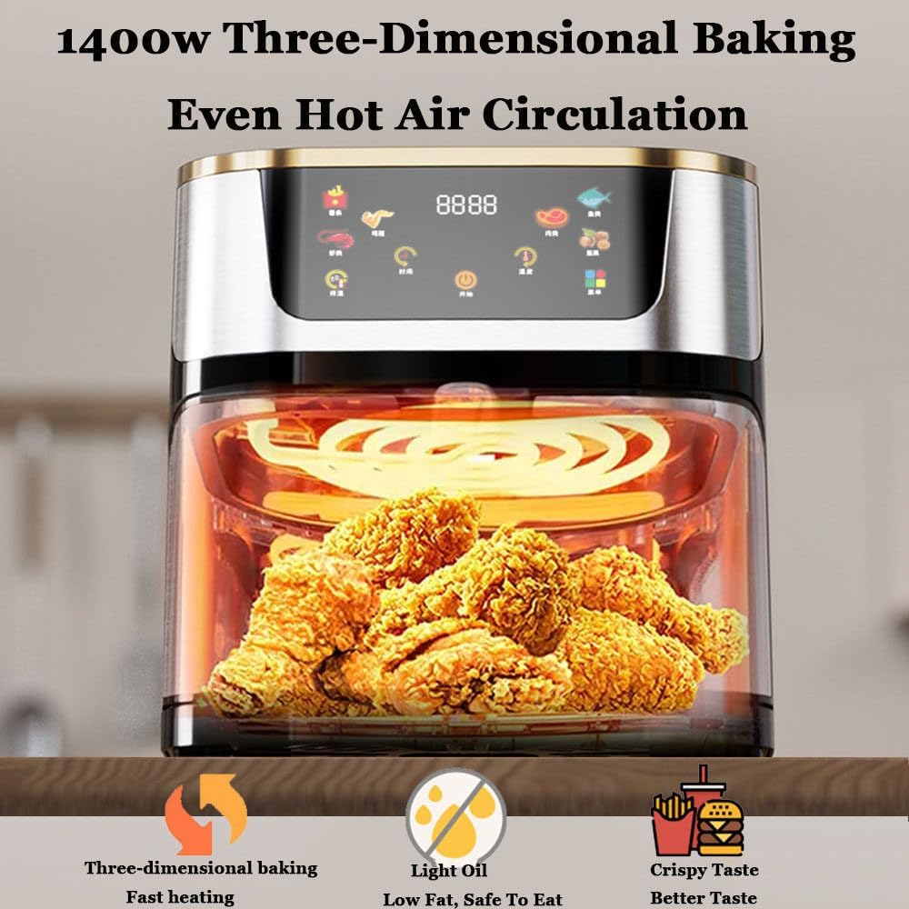 Air Fryer, 10l Stainless Steel Visual Air Fryer, 1400w Smart Oven With Digital Touch Screen Oil-Free Fryer, Timing And Temperature Adjustable For Quick And Easy Meals, Easy To Clean