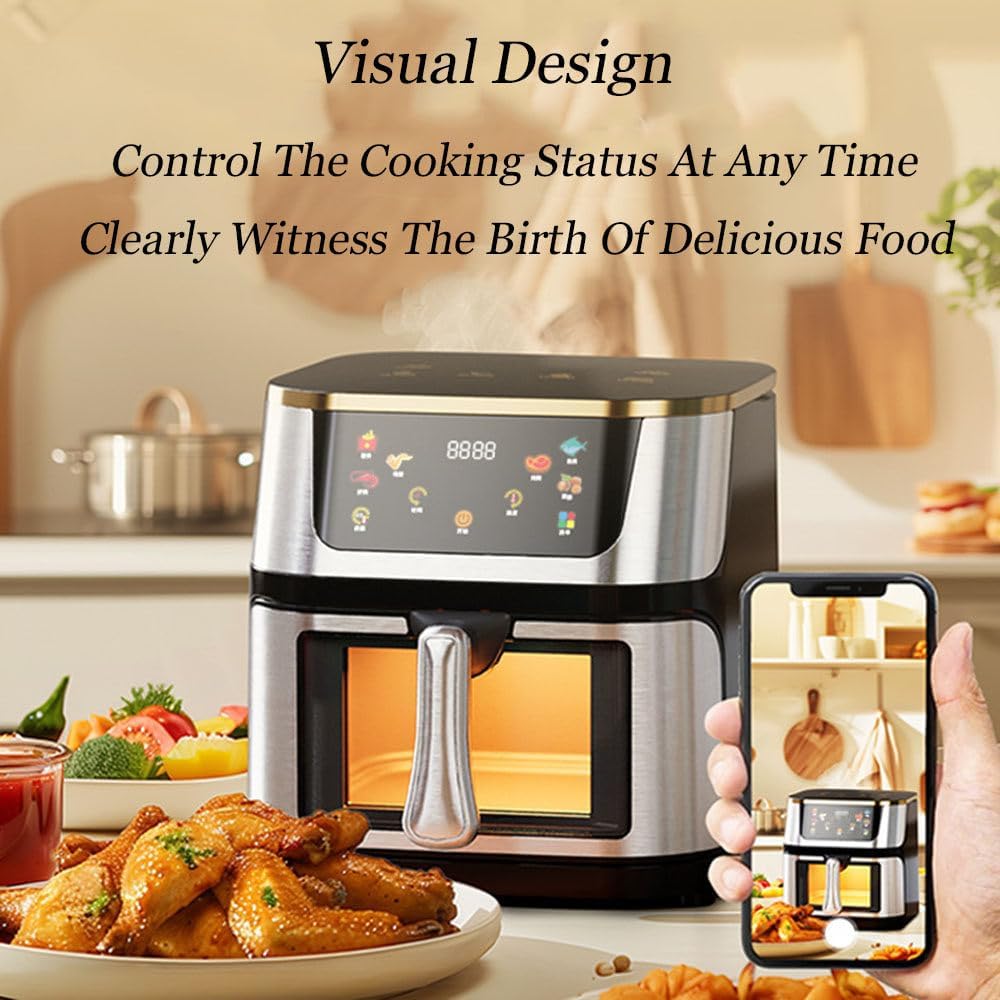 Air Fryer, 10l Stainless Steel Visual Air Fryer, 1400w Smart Oven With Digital Touch Screen Oil-Free Fryer, Timing And Temperature Adjustable For Quick And Easy Meals, Easy To Clean
