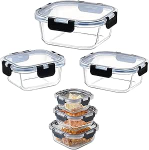 Glass Meal Prep Containers (3 pcs Square) - Glass Food Storage Containers with Lids, Glass Lunch Box, Portion Control, Airtight, Glass Bento Box Lunch Containers- 3P Square Black