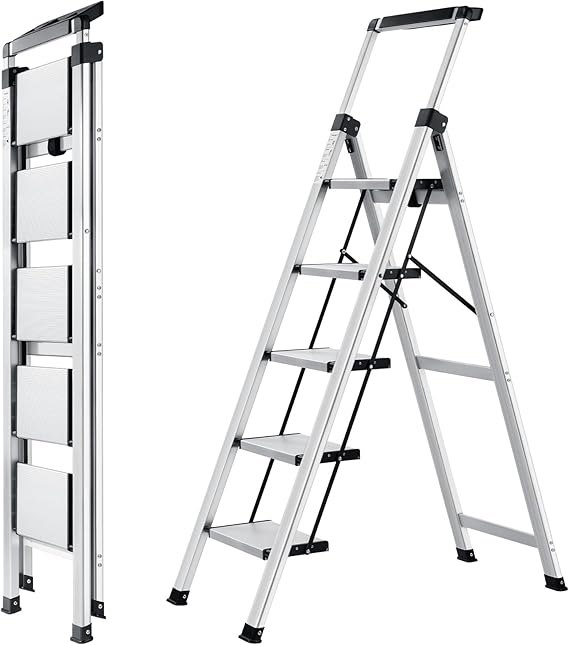 Foldable ladder 5 steps stool, Step Ladder With Extendable Handrail, Lightweight Aluminium Step Ladder For Home, Non-Slip Portable Ladder For Kitchen, Library And Office