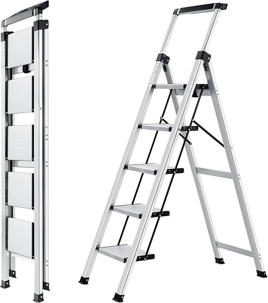 Foldable ladder 5 steps stool, Step Ladder With Extendable Handrail, Lightweight Aluminium Step Ladder For Home, Non-Slip Portable Ladder For Kitchen, Library And Office