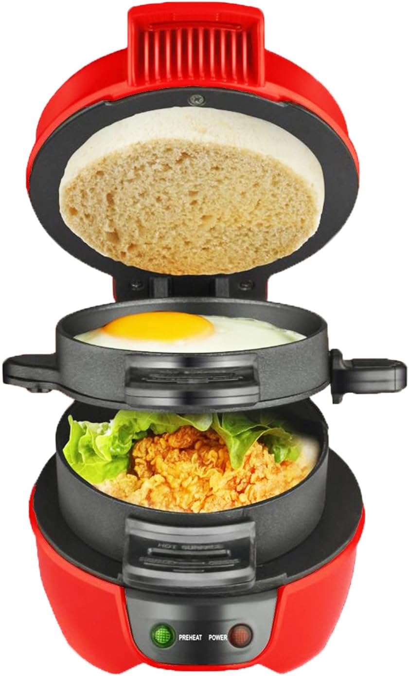 Sandwich Toaster Burger Maker, Panini Press with Egg Rings and Timer, Efficient Non-Stick Heating Plates, for Hamburgers, Waffles Snacks and A Quick Diy Breakfast (Red)