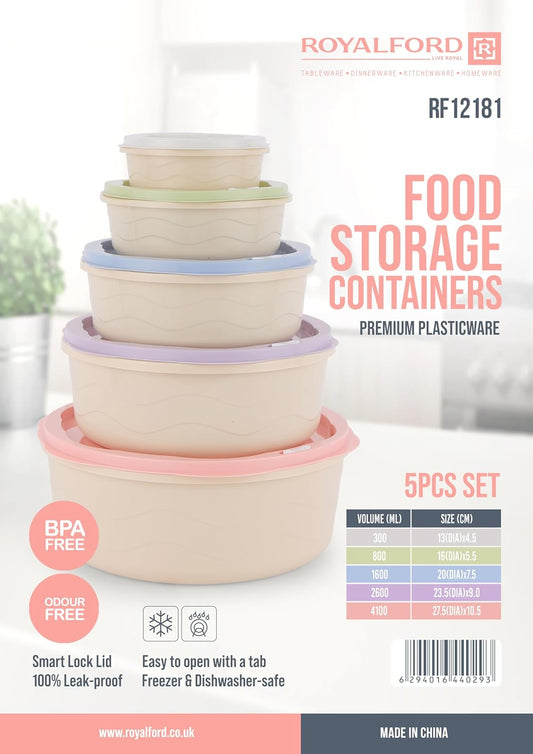 5pcs Plastic Storage Box Set Food Storage Round Containers Smart Lock Lid Airtight Odour Free Dishwasher & Freezer Safe