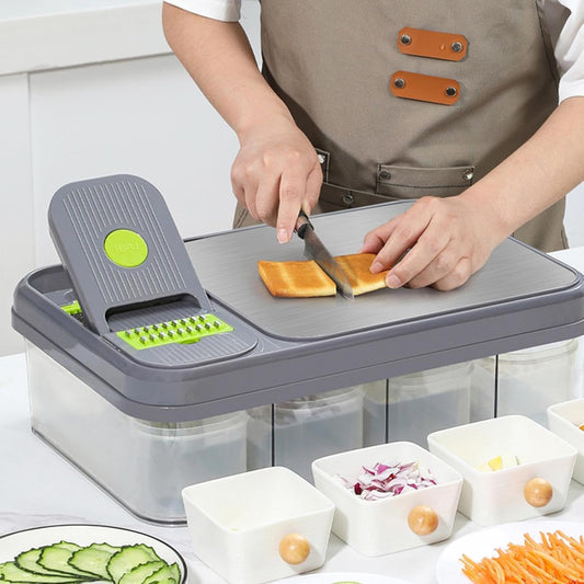 All-In-1 Veggie Prep Station with Built-In Cutting Board,Vegetable Chopper with Blades-Mandoline Slicer-Salad Onion Potatoe Dicer Cutter,Cheese Grater-Stainless Steel Pro Food Chopper with Container