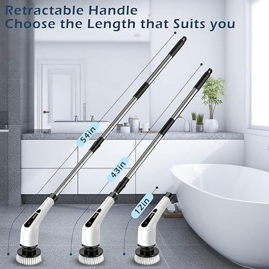 Electric Spin Scrubber, Electric Cleaning Brush with 8 Replacement Brush Heads, 90Mins Working Time, 3 Adjustable Handle, 2 Adjustable Speeds for Bathroom Kitchen Bathtub Glass Car