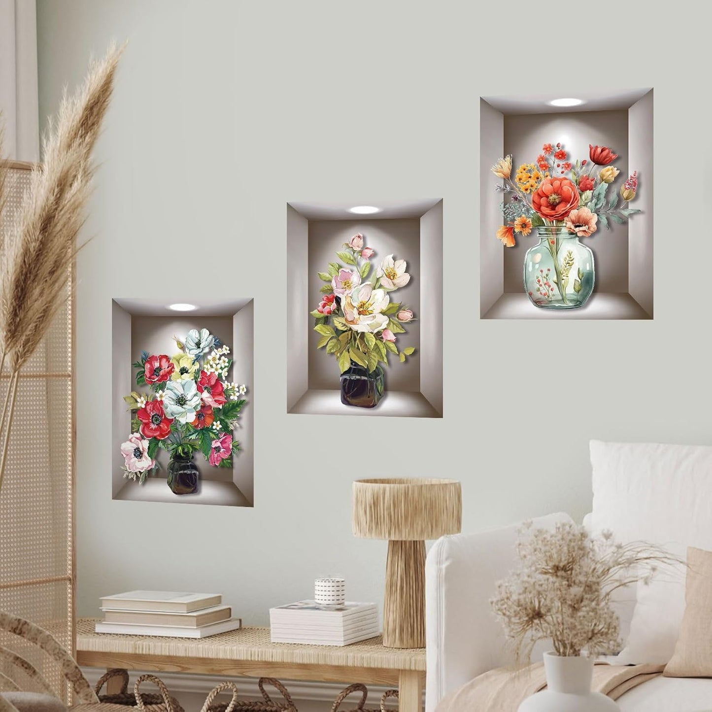 3D Flowers Vase Wall Sticker, Bright and Vibrant Bouquets Wall Art Wall Sticker, Self-Adhesive Flowers Home Wall Sticker for Living Room Bedroom Background Wall Decoration