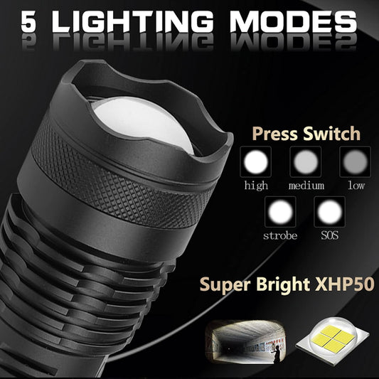 Most Powerful Flashlight 5 Modes USB Zoom LED Flashlight Xhp50 18650 Or 26650 Battery Best For Camping,outdoor