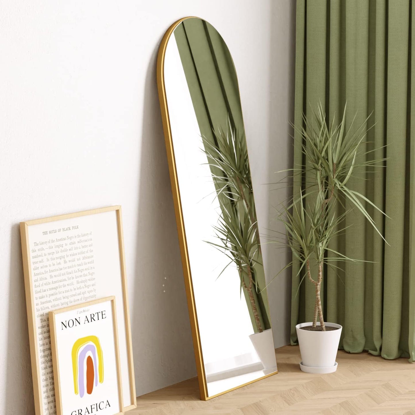 Gold Mirror with Stand, Large Floor Mirror, Full Length Standing Mirror or Leaning Against the Wall for Bedroom, Living Room, Wood Frame, Gold