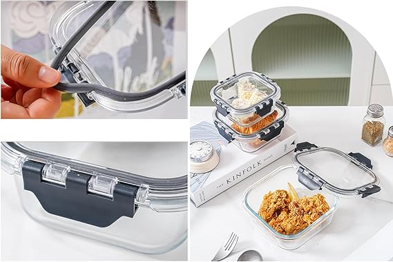 Glass Meal Prep Containers (3 pcs Square) - Glass Food Storage Containers with Lids, Glass Lunch Box, Portion Control, Airtight, Glass Bento Box Lunch Containers- 3P Square Black