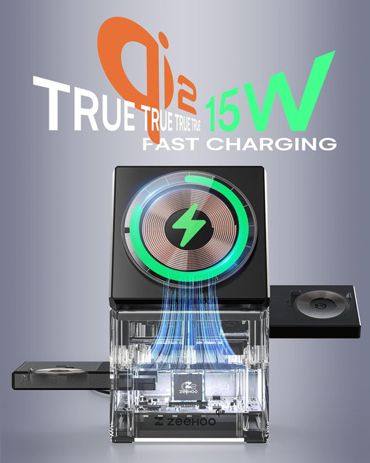 Wireless Charging Station, CubeTrick-X Qi2 15W Fast Charging, 3-in-1 Wireless Charging Station for Apple Watch