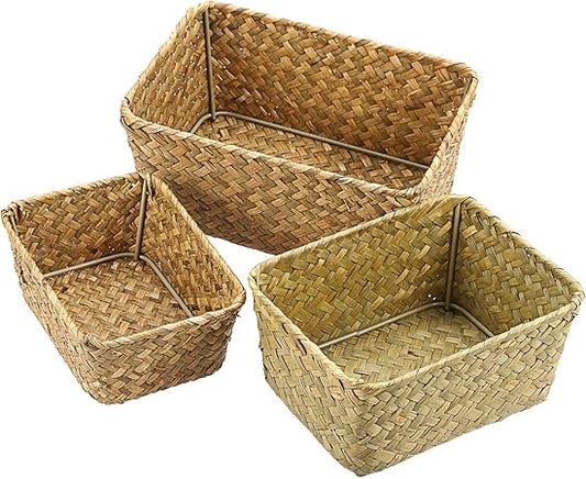 Small Woven Wicker Open Storage Baskets, Set of 3 Natural Seagrass Basket Bins Woven Baskets for Shelf Closet Bedroom (Light Brown)
