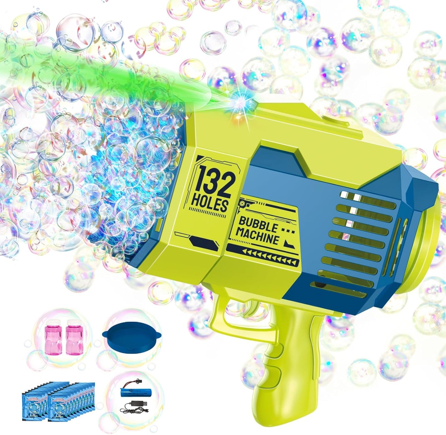 Bazooka Bubble Gun - Upgraded 132 Holes Bubble Machine Gun, Rocket Bubble Machine with Light & Bubble Solutions, Summer Toys Bubble Blaster Maker for Kids, Wedding, Birthday Gift, Party Favors - Green