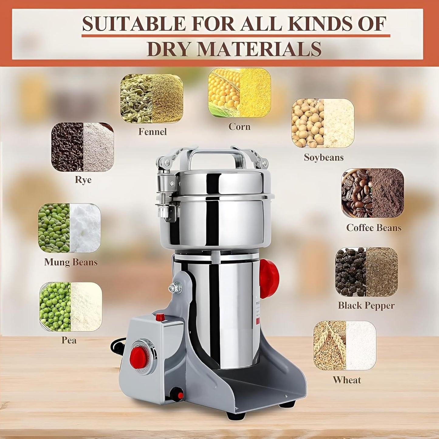 Household Small Crusher Grains Dry Grinding Machine,Stainless Steel 2000W High Power Spice Mill,