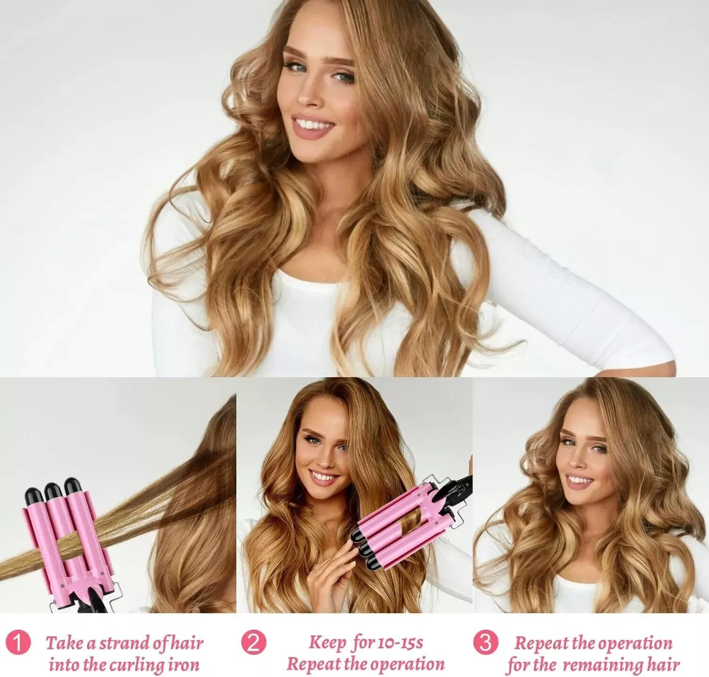 3 Barrels Hair Curler - 25Mm Curling Iron Tongs Mermaid Waves-PINK