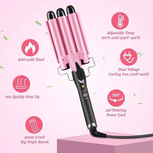 3 Barrels Hair Curler - 25Mm Curling Iron Tongs Mermaid Waves-PINK